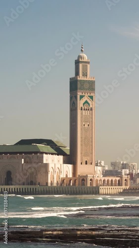 Majestic Hassan II Mosque on the Atlantic Coast of Casablanca. Vertical video