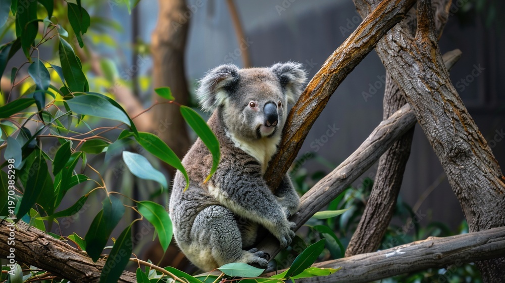 Fototapeta premium A koala bear perched on a tree branch, surrounded by lush green foliage