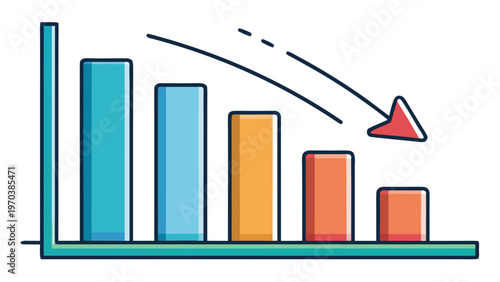 Declining bar graph illustrating financial loss and economic recession with a downward arrow
