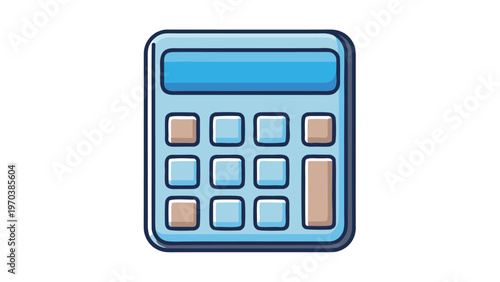 Blue cartoon calculator illustration for finance, accounting, and mathematical calculations on a white background