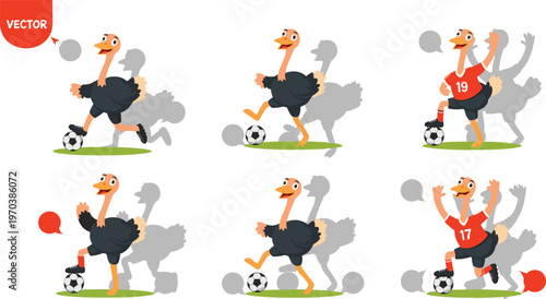 Cartoon Ostrich Soccer Icon Set with Dynamic Running, Kicking, and Celebration Poses for Sports, Kids, and Team Activities.