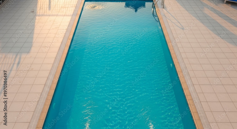 Fototapeta premium Pristine swimming pool with clear blue water surrounded by tiled deck
