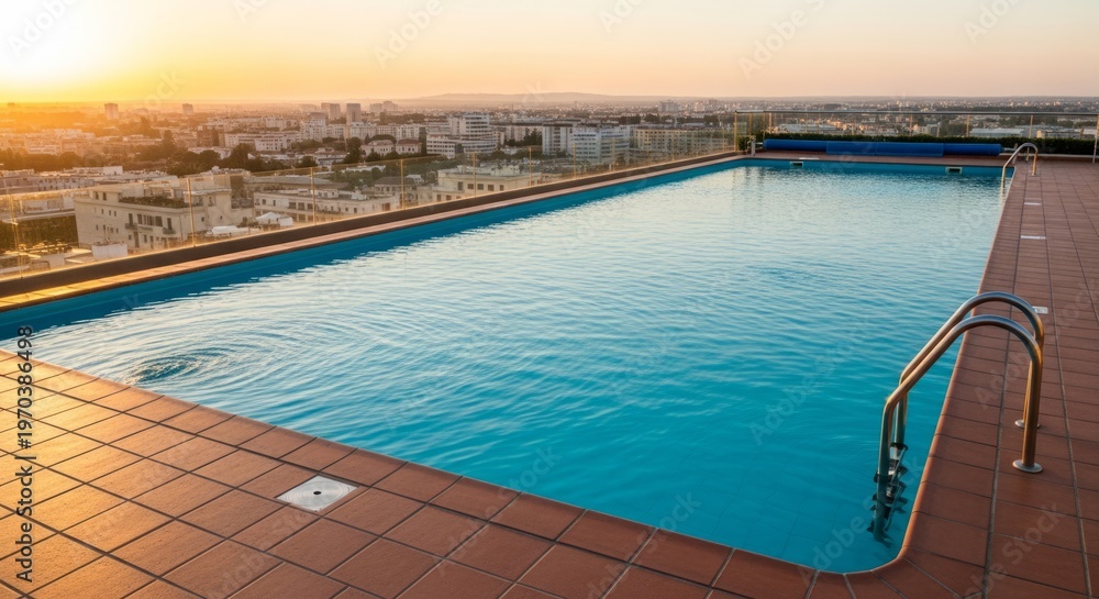 Fototapeta premium Rooftop swimming pool at sunset with city skyline view