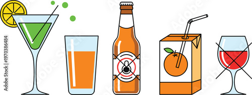 Cocktail and Beverage Icon Set Featuring Glasses, Beer Bottles, Juice Boxes, and Wine Glasses for Web, Apps, and Digital Media Designs