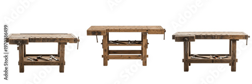Set of Vintage Wooden Workbench Graphics, Antique Carpenter Worktable Clipart, High-Resolution Rustic Workshop PNG