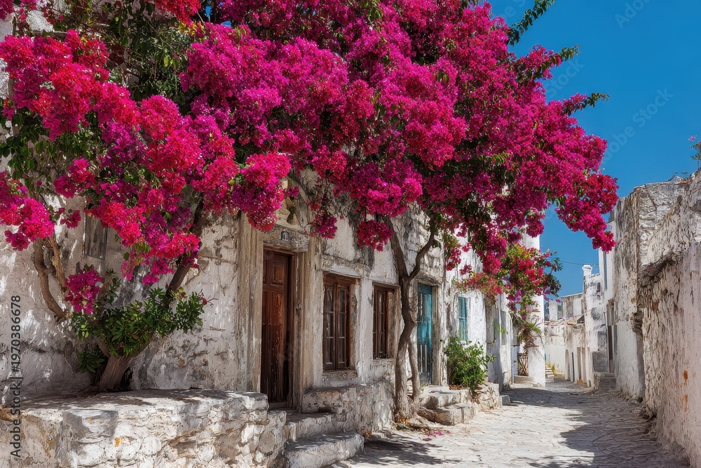 Obraz premium Bougainvillea on a whitewashed wall in a Greek island village; vibrant magenta blossoms against Mediterranean light