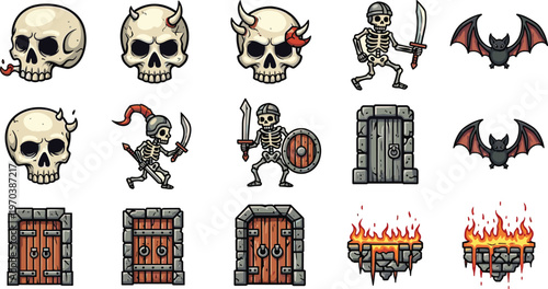 Fantasy Skeleton and Skull Icon Set with Bats, Doors, and Fire for Dungeon, Adventure, and RPG Game Themes.