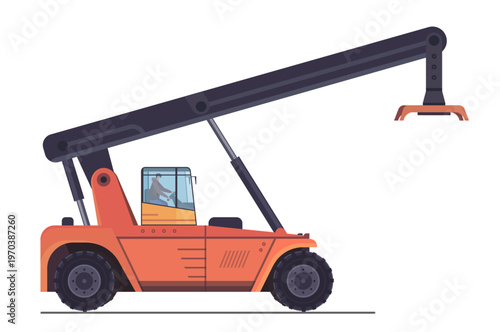 Orange reach stacker. Container forklift truck, isolated on white background. Concept of industrial logistics and shipping equipment. Vector illustration, not AI generated.