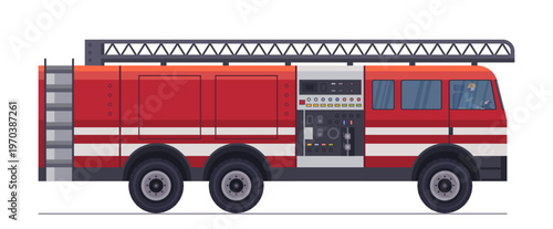 Illustration of a red fire truck with ladder, equipment compartments, and firefighter inside the cab. Emergency response vehicle symbolizing safety, rescue, and firefighting. Vector Not AI generated.