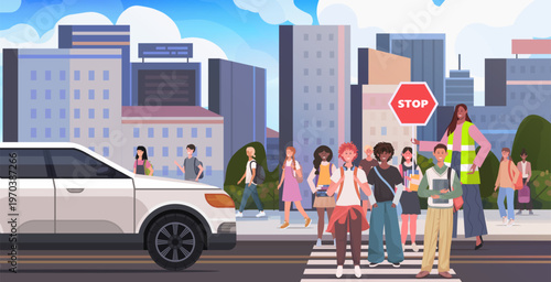 Wearing a reflective vest, an African American woman holds a stop sign and assists schoolchildren as they safely cross the street at a pedestrian crosswalk. Vector Not AI generated