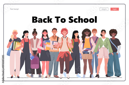 Diverse group of schoolchildren standing together. Back to school. Modern concept for website development, social media, template web. Vector Not AI generated