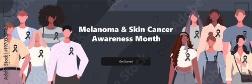 Melanoma and Skin Cancer Awareness Month. Group of people with black awareness ribbons on their clothing. Vector web banner for social media, posts, cards and flyers. Vector Not AI generated.