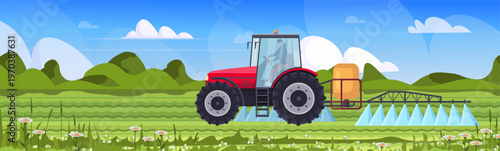 Red tractor spraying crops in a green farm field under blue sky. Modern irrigation and farming technology. Farmer work season. Vector Not AI generated.