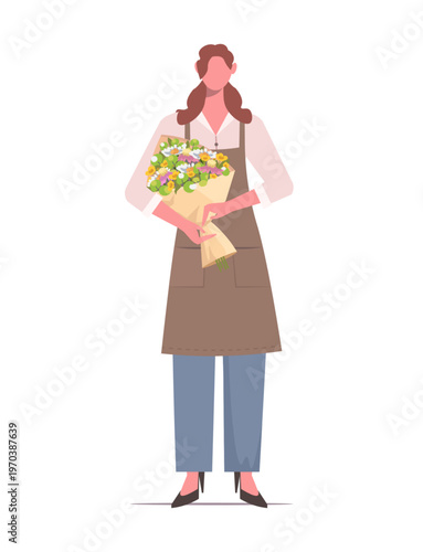  Illustration of a female florist in a brown apron holding a bouquet of colorful flowers wrapped in paper. Flower shop worker with a seasonal bouquet of blossoms. Symbol of present, gift