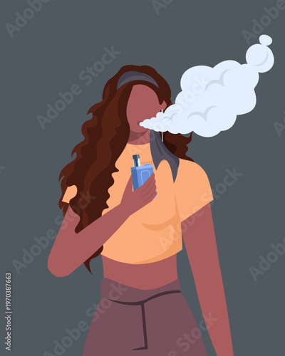 Illustration of a young woman vaping, exhaling a cloud of vapor against a dark background, symbolizing modern lifestyle and health issues. Vector Not AI generated