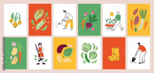 Seasonal fruits and vegetables, corn, beet root, sweet potato, cabbage in simple doodle style. Farmers working in a field or garden. Local market, modern sketch, scribble illustration. Harvest autumn.