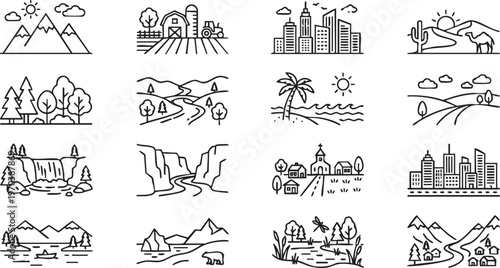 Simple Set of Landscape Related Vector Line Icons. Contains such Icons as Farm, Megapolis.