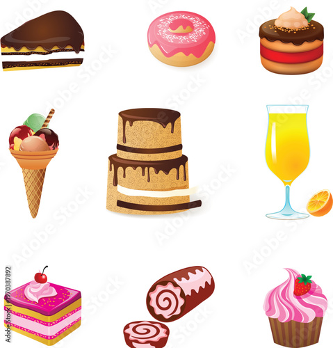 Collection of sweet desserts including chocolate cake slice pink donut ice cream cone tiered cake orange juice glass square berry cake swiss roll and strawberry cupcake on white background 1