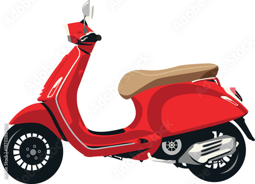 Red vintage style motor scooter with a tan seat and black wheels isolated on a white background in a flat style 1