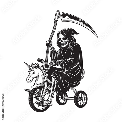 Grim Reaper Riding Unicorn Trike Dark Humor Fantasy Vintage Engraving Style Vector Illustration