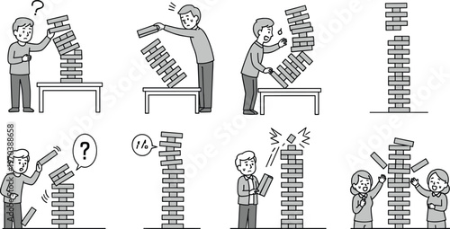 Jenga Game Icon Set with Players, Stacking, and Risky Moves for Group Play, Fun Challenges, and Family Entertainment.