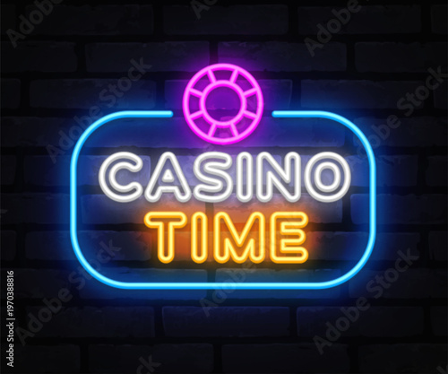 Bright Casino Time neon label with poker chip and vibrant typography in white and orange, glowing lines and round frame on brick backdrop.