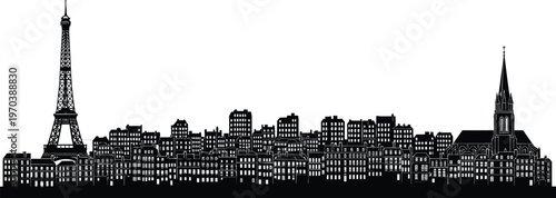 Paris skyline silhouette, Eiffel Tower, city landscape, France travel landmark, architecture, urban horizon, cad drawing flat vector illustration, black graphic.