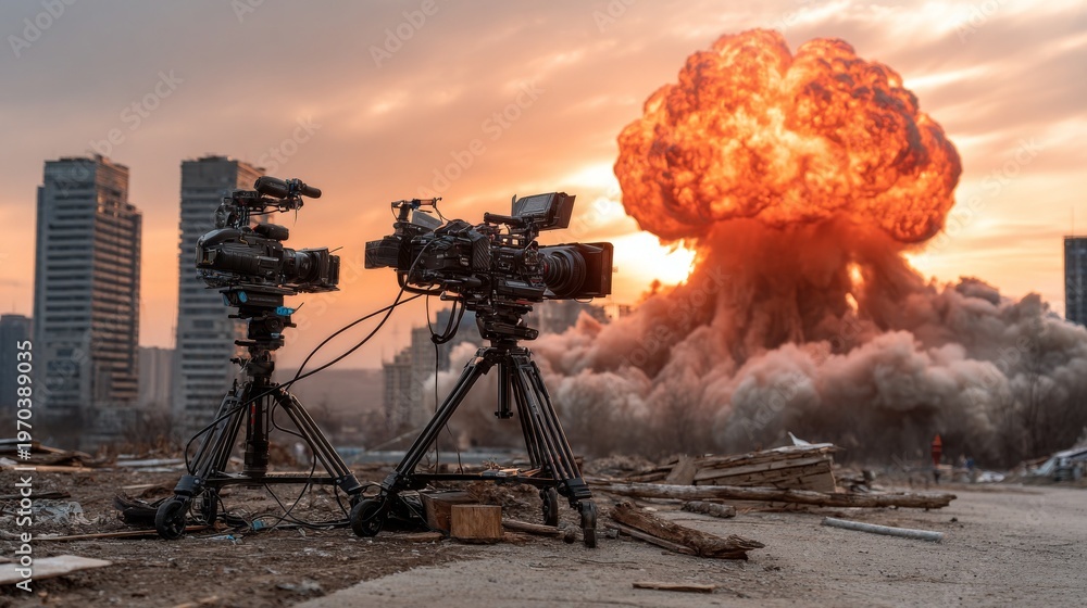 Fototapeta premium Cameras capture a dramatic explosion at sunset in an urban setting.