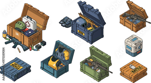 Military Gear and Equipment Box Icon Set Featuring Tactical Supplies, Helmets, and Ammunition for Web, Apps, and Digital Media Designs