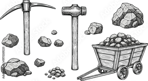 Mining Tools and Equipment Icon Set Featuring Pickaxes, Hammers, Cart, and Rocks for Web, Apps, and Digital Media Designs