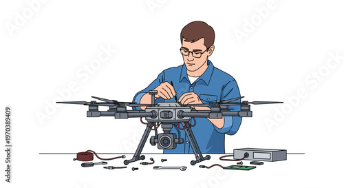 A focused technician wearing glasses and a blue denim shirt meticulously repairs a sophisticated black hexacopter drone on a cluttered white workbench.