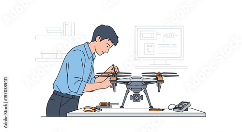 A young male technician in a light blue shirt carefully assembles a sleek gray quadcopter drone at a professional workstation with technical monitors.