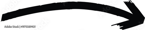 Black curved arrow symbol with rough dry brush stroke texture on a plain white background