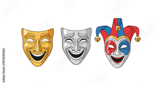 Three distinct theatrical masks including gold silver and a vibrant colorful jester face are displayed horizontally against the bright white background.