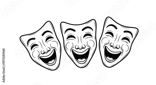 Three expressive black and white line art comedy masks feature wide laughing mouths and squinted eyes arranged in a row on a plain white background.