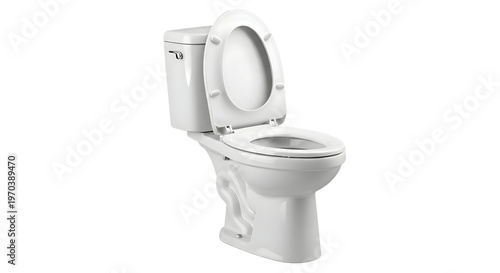 A white toilet with the lid up sits alone in a clean environment.