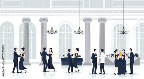 Sophisticated couples in dark formal wear dance and converse gracefully within a minimalist white hall adorned with tall fluted columns and elegant black chandeliers.