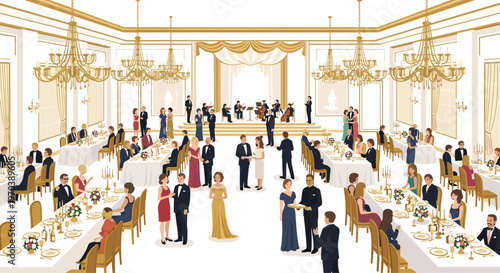 Distinguished guests enjoy a formal banquet at long white tables while a classical orchestra performs on a raised stage under massive golden chandeliers.