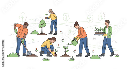 Active individuals perform diverse reforestation tasks such as digging holes and watering new plants across a rolling landscape with minimalist green tree silhouettes.