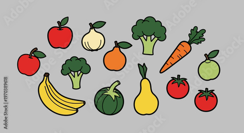 A vibrant and playful collection of fresh fruits and vegetables, perfectly illustrating the essence of healthy eating and natural nutrition in a cheerful cartoon style