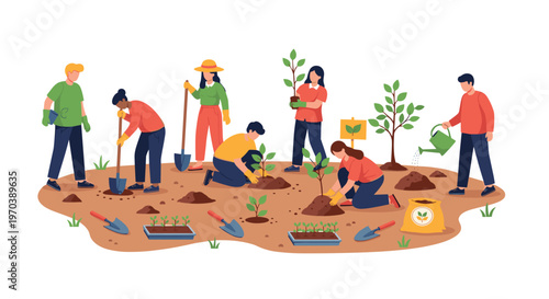 Enthusiastic community members engage in collaborative gardening activities on a rich brown soil plot featuring vibrant orange and green attire and various garden tools.