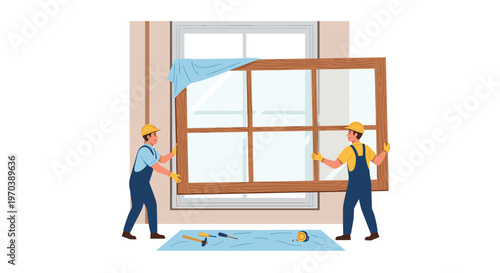Two strong construction workers in blue overalls carry a large multi-paned wooden window frame toward a prepared opening on a clean tan interior wall.