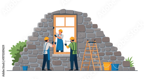 Skilled craftsmen wearing blue aprons and yellow safety helmets carefully install a wooden window frame into a rugged grey stone wall during a renovation.