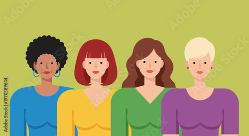 Empowering illustration of a diverse group of four women standing side by side, symbolizing unity, strength, and community in a modern, inclusive design