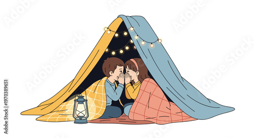 Two young children share a secret inside a cozy blanket fort illuminated by a vintage lantern and a warm string of glowing decorative fairy lights.