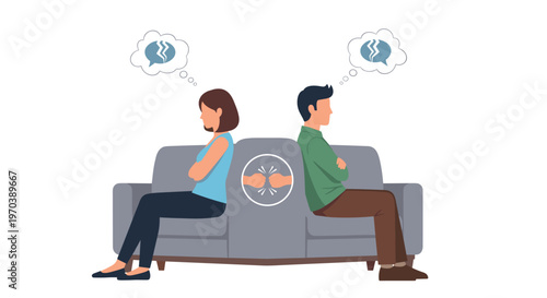 An estranged couple sits on a grey couch with angry lightning thought bubbles and a central fist-clash icon indicating a heated domestic dispute.