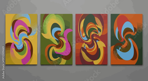 Abstract Swirls A Vibrant Quartet of Modern Digital Art Panels