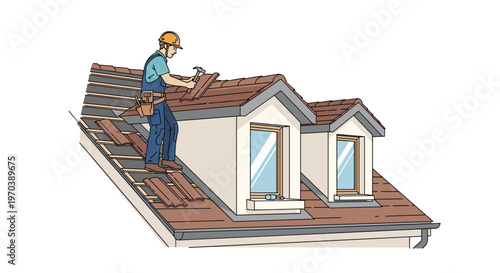 A skilled roofer wearing a protective orange helmet and blue uniform uses a hammer to meticulously install brown shingles on a complex residential rooftop.