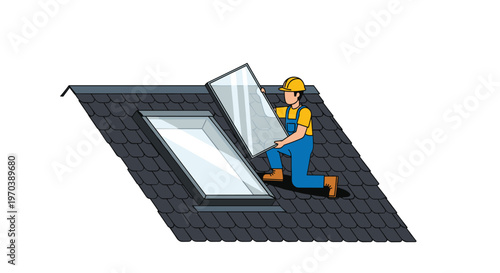 A professional construction worker wearing a yellow safety helmet and blue overalls meticulously installs a large glass skylight window onto a dark shingled rooftop.