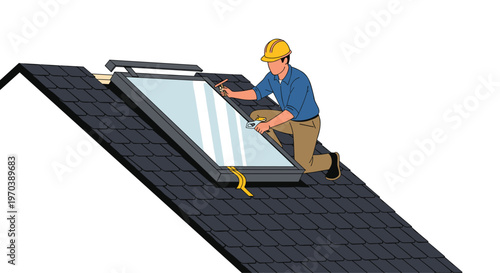An expert technician wearing a yellow hard hat and blue shirt uses specialized tools to carefully secure a large glass solar panel onto a dark roof.